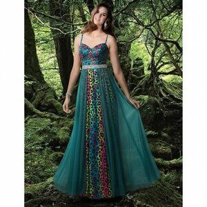 Xcite Disney Leopard Sequin Grad Prom Dress 35593 Peacock/Multi